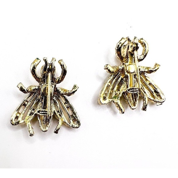 Retro Bug Brooch Duo Vintage Fly Insect Pair Gold Tone Green Pink Rhinestones - Picture 6 of 6